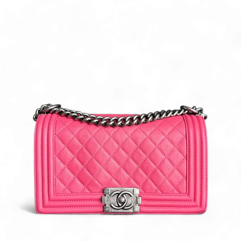 Customizable monogram bagsChanel Boy Medium - 25CM Calfskin Quilted Hot Pink Ruthnium Silver Hardware Series 17