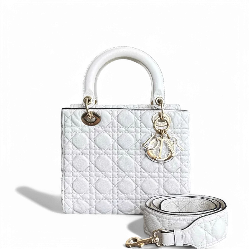 Best bags for photographersDior Lady Medium Flap - Calfskin Cannage White Gold Hardware