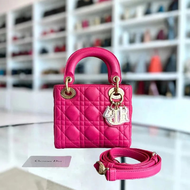 Affordable luxury bags *Adjustable Strap* Lady Mini Cannage Lambskin Hot Pink Golden Hardware