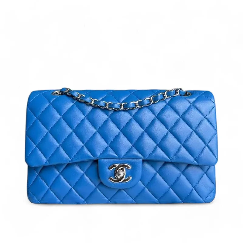 Affordable leather bagsChanel Classic Flap Medium - 25CM Quilted Lambskin Double Flap Blue Silver Hardware Series 22