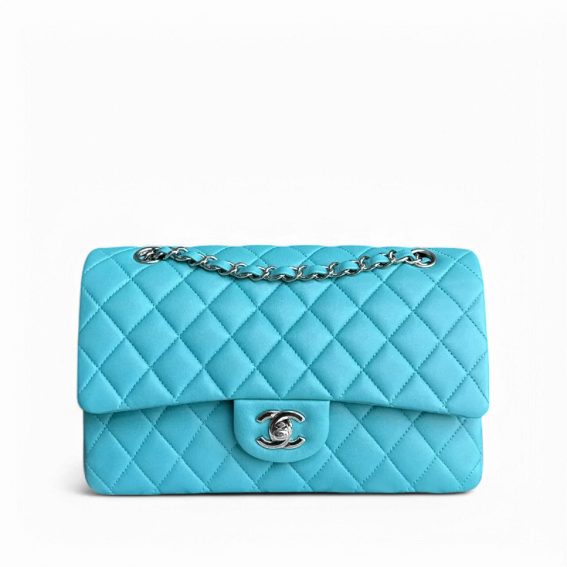 Durable leather bags for daily useChanel Classic Flap Medium - 25CM Quilted Lambskin Light Blue Silver Hardware Series 19