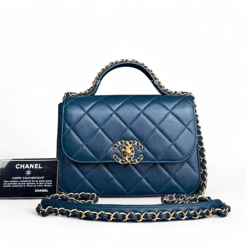 Crossbody bags for everyday use*Unused* Chanel 19 Flap - C19 With Top Handle 19 Bag Quilted Lambskin Blue Gold Hardware Series 28