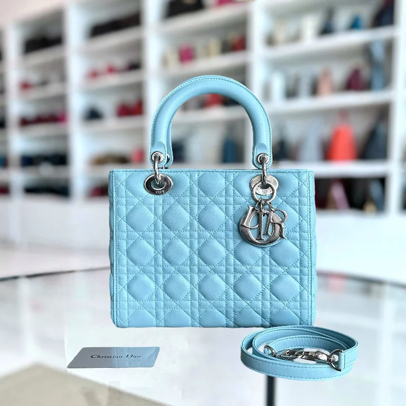 Designer bags with detachable strapsLady Medium Cannage Lambskin Light Blue Silver Hardware