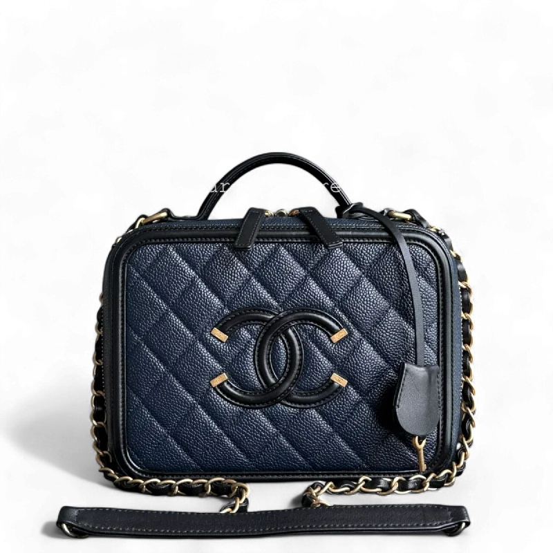 Minimalist leather handbagsChanel Vanity Case Medium - Caivar Quilted Dark Blue Gold Hardware Series 26