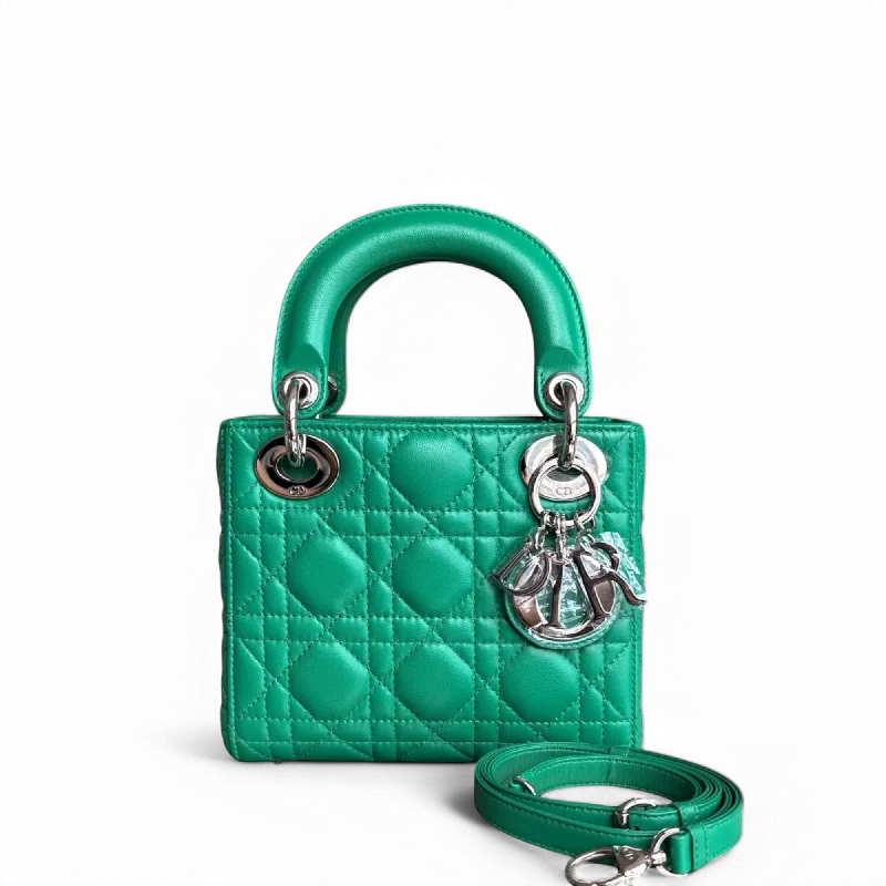 Luxury bags with chain strapsDior Lady Mini - Cannage Lambskin Jade Green Silver Hardware Adjustable Strap