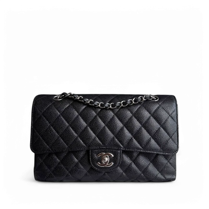 Durable leather bags for daily useChanel Classic Flap Medium - Caviar 25CM Quilted Black Silver Hardware Series 18