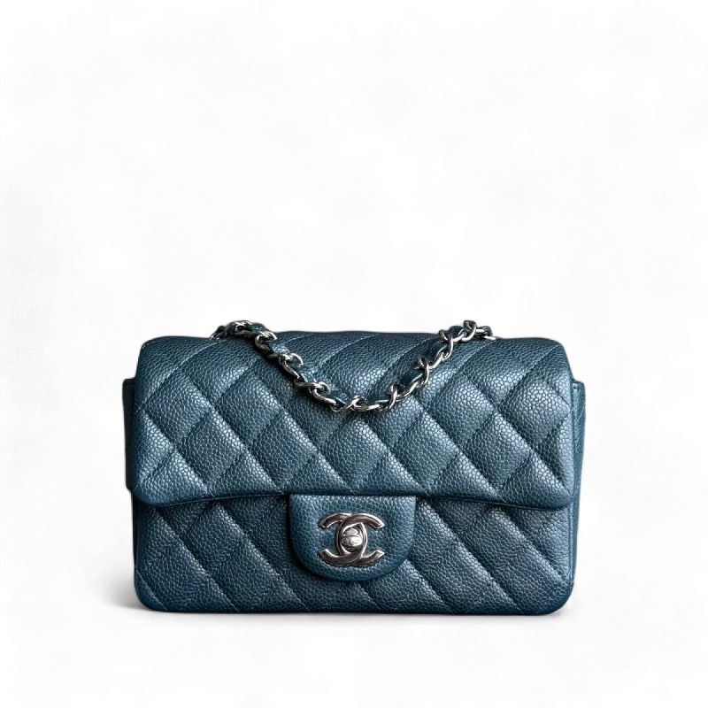 Minimalist leather handbagsChanel Classic Flap Mini - Caviar 20CM Rectangle Quilted Dark Green Blue Silver Hardware Series 20