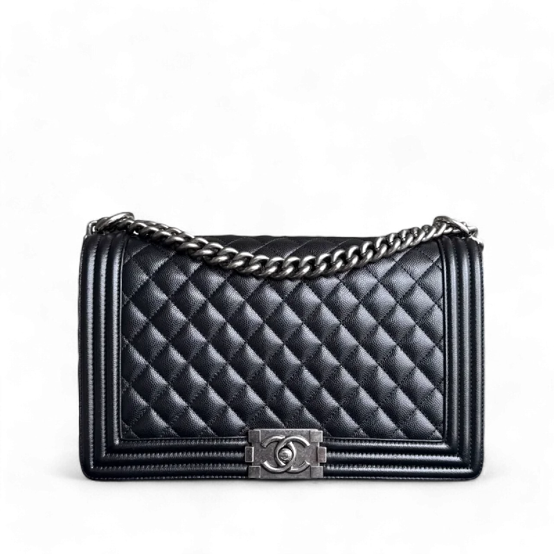 Luxury bags with exotic skinsChanel Boy Medium - Caviar 28CM Quilted Black Ruthenium Silver Hardware Series 28