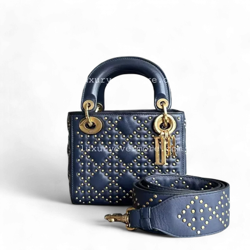 Luxury bags with chain strapsDior Lady Mini - Studded Calfskin Dark Blue Golden Hardware