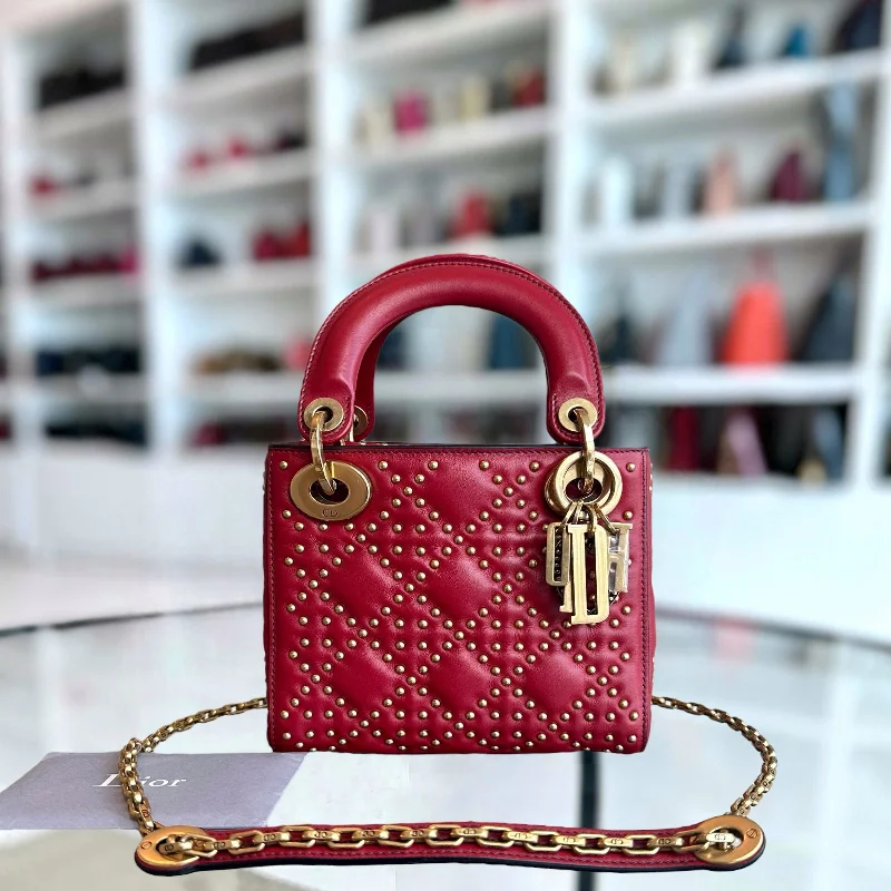 Designer bags with detachable strapsLady Mini Studded Cannage Calfskin Red AGHW