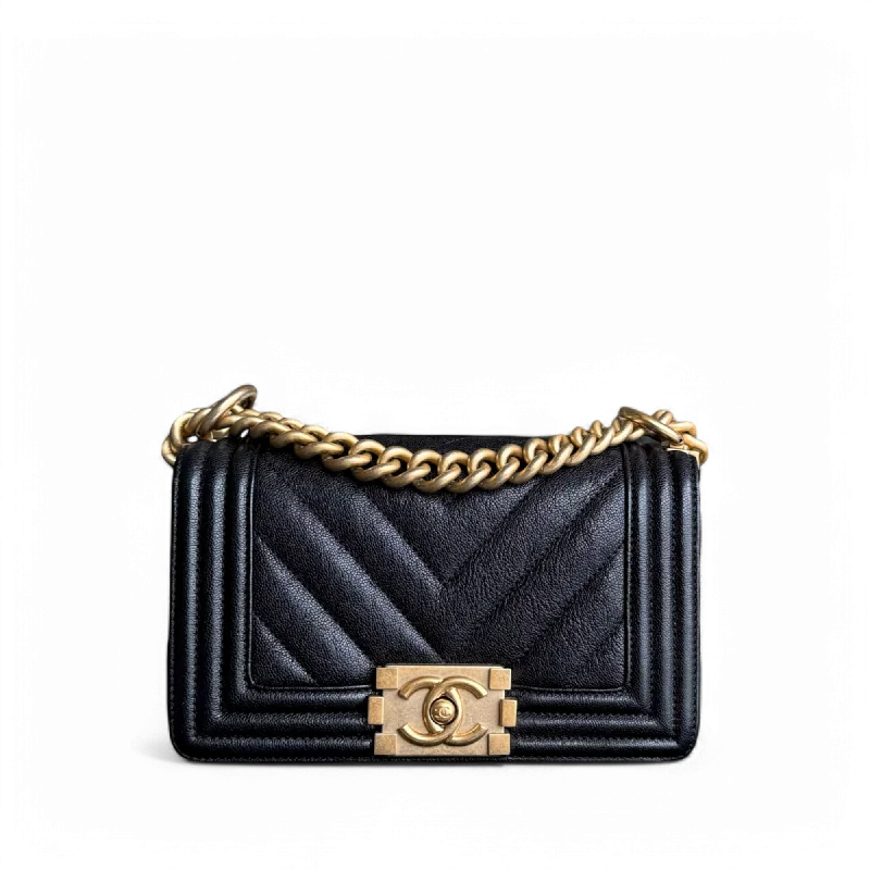 Affordable luxury bags Chanel Boy Small - Caviar Chevron 20CM Black Gold Hardware