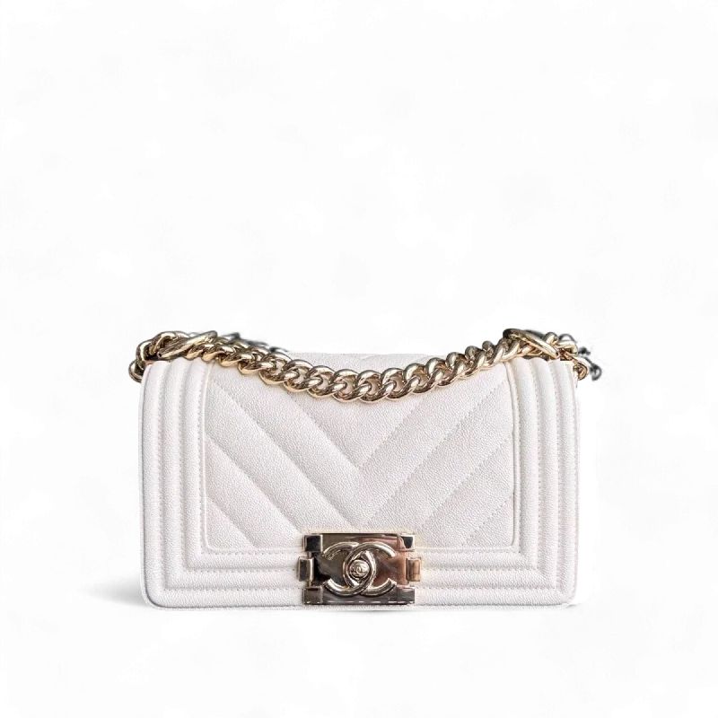 Designer bags with detachable strapsChanel Boy Small - Caviar 20CM Chevron Cream White Gold Hardware Series 29