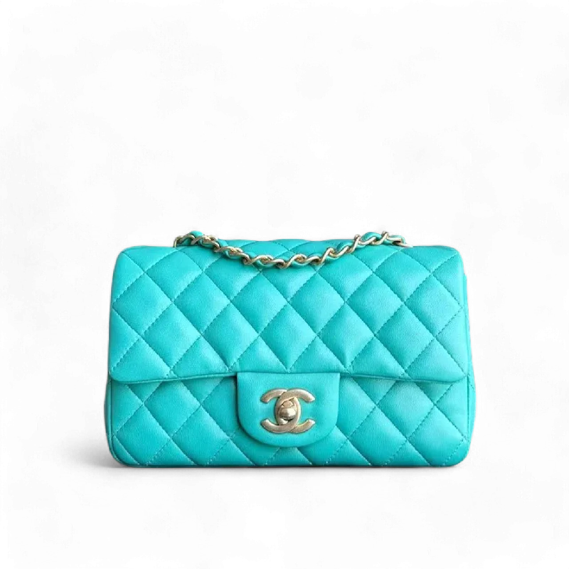 Crossbody bags for everyday useChanel Classic Flap Mini - 20CM Rectangle Quilted Lambskin Cyan Gold Hardware