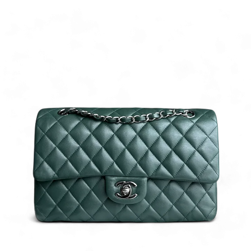 High-quality leather messenger bagsChanel Classic Flap Medium - 25CM Quilted Lambskin Dark Green Silver Hardware Series 23