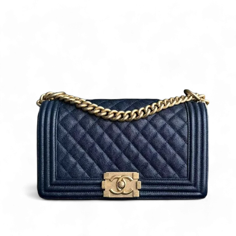 Mini bags for evening outChanel Boy Medium - 25CM Caviar Quilted Dark Navy Blue Gold Hardware