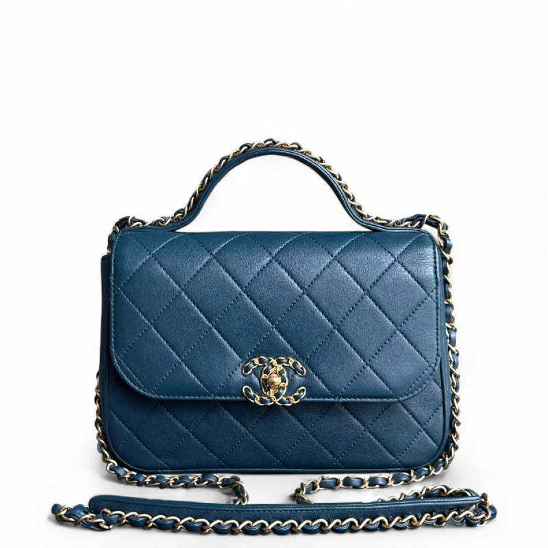 Luxury handbags 2025Chanel 19 Bag Flap - C19 With Top Handle Quilted Lambskin Navy Blue Gold Hardware Series 28