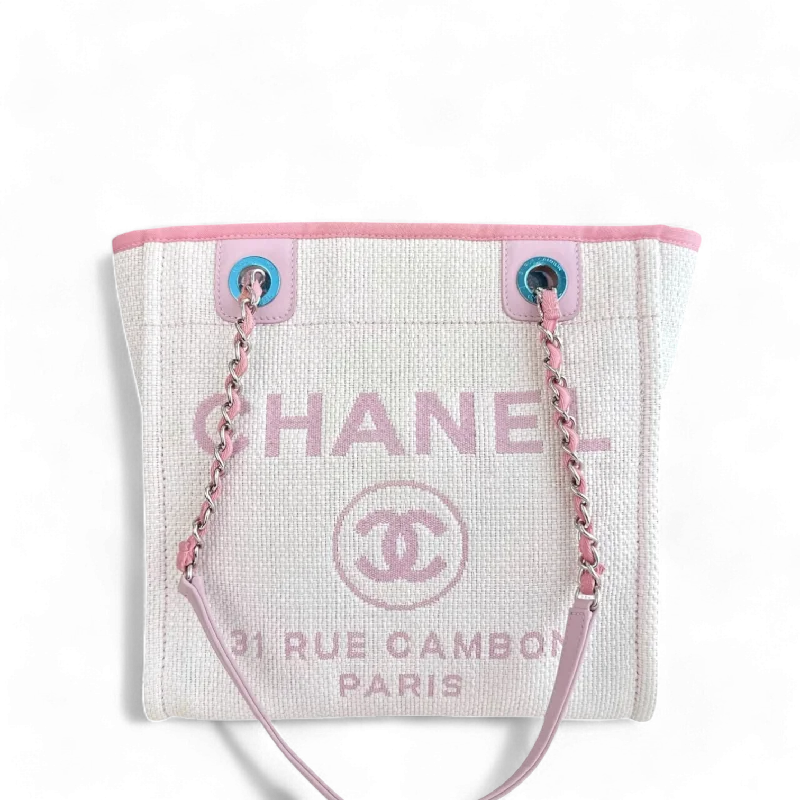 Designer bags with gold hardwareChanel Deauville Mini - Fabric Tote Pink Silver Hardware Series 21