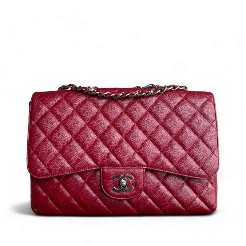 Affordable luxury bags Chanel Classic Flap Jumbo - Caviar 30CM Single Flap Quilted Burgundy Dark Red Silver Hardware Series 13