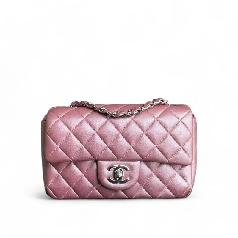 High-end designer bags for menChanel Classic Flap Mini - 20CM Rectangle Quilted Lambskin Iridescent Lambskin Pink Silver Hardware Series 24