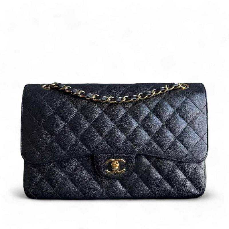 Vintage-inspired handbagsChanel Classic Flap Jumbo - Caviar Double Flap Quilted Black Gold Hardware Series 15