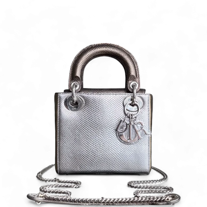 Compact crossbody bags for travelDior Lady Mini - Exotic Lizard Skin Iridescent Two-tone Silver Hardware Chain Strap