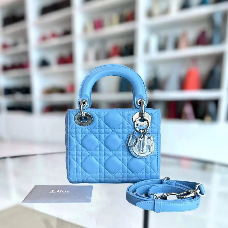 Customizable monogram bags*Adjustable Strap* Lady Mini Cannage Lambskin Sky Blue Silver Hardware