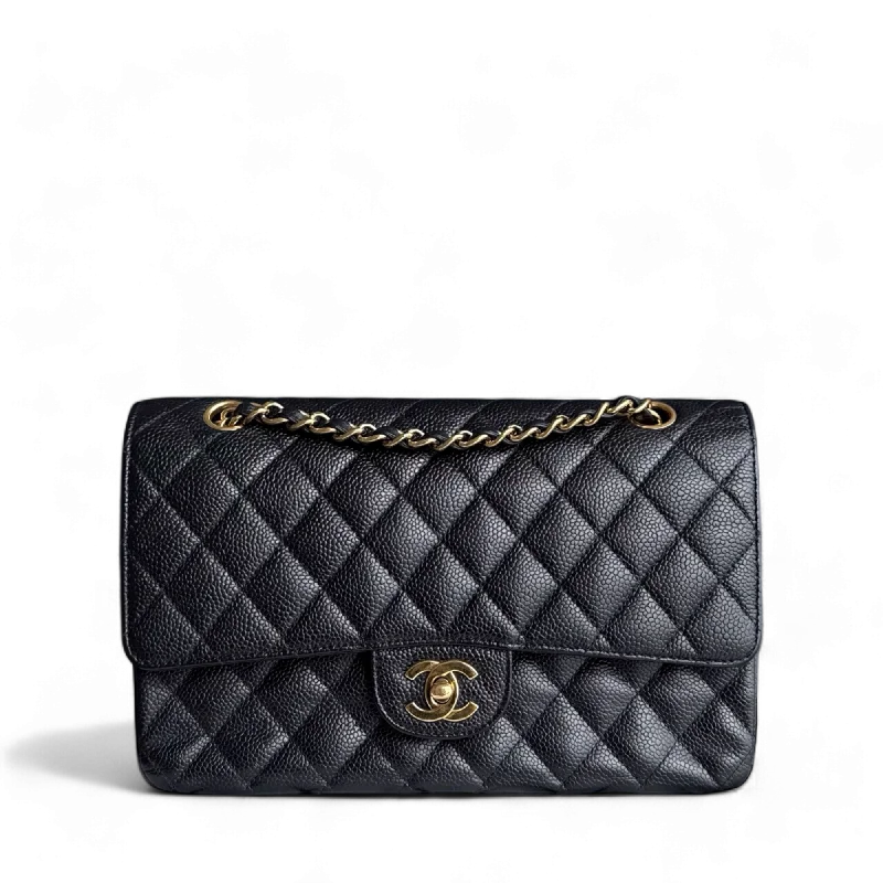 Vintage-inspired handbagsChanel Classic Flap Medium - Caviar 25CM Quilted Black Gold Hardware Series 13