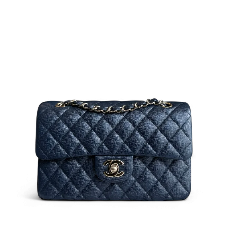 High-end designer bags for menFull Set Chanel Classic Flap Small - Caviar 23CM Quilted Dark Midnight Blue Gold Hardware Series 30