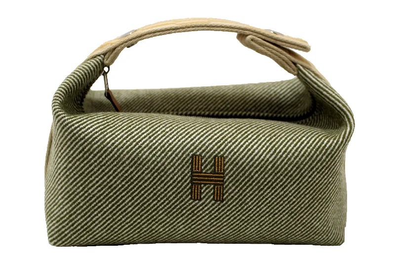 Designer bags with gold hardwareAuthentic Hermes Wool Small Bride-A-Brac H Natte Pouch Vert Foret