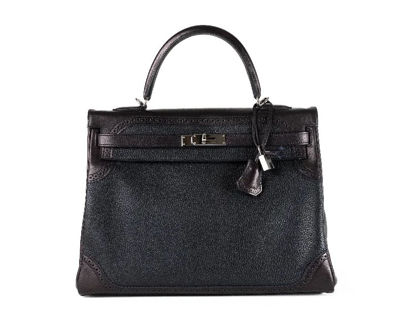 Customizable monogram bagsHermès 35cm Limited Edition Bleu Indigo Box Calf & Black Togo Ghillies w/ Palladium Hardware