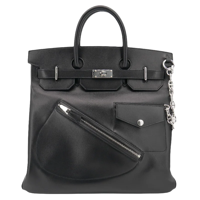 Trendy bucket bags for summerHermès 40cm HAC Rock Black Volupto Leather Palladium Hardware