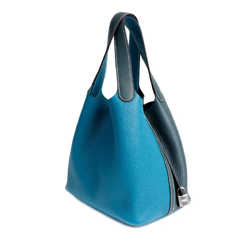 Minimalist leather handbagsHermes Bi-Color Blue Jean Clemence Picotin w/ White Stitching & Palladium Hardware