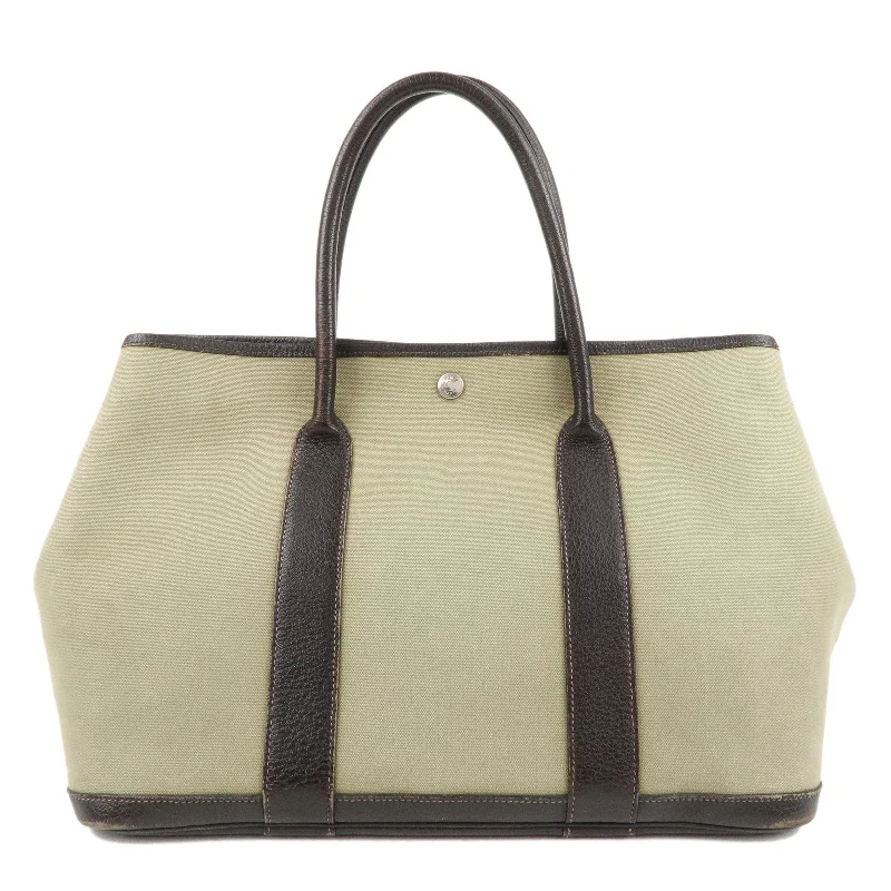 Trendy bucket bags for summerHERMES Canvas Leather Garden Party PM T Stamped Tote Bag Khaki