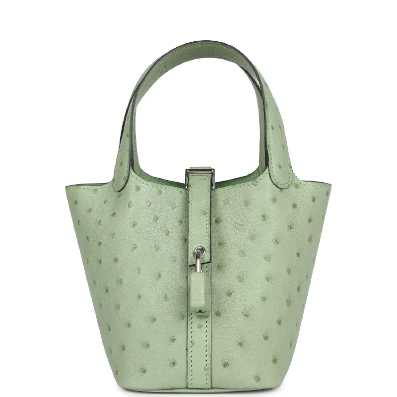 Affordable luxury bags Hermes Micro Picotin Lock 14 Vert Criquet Ostrich Palladium Hardware