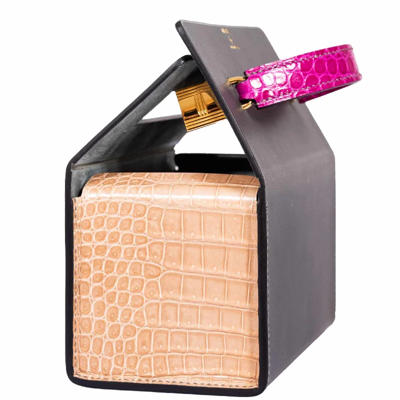 Customizable monogram bagsHermès Minaudière 18 petit h Graphite, Fuchsia, Poussiere Porosus Crocodile & Calf Gold Hardware Bag