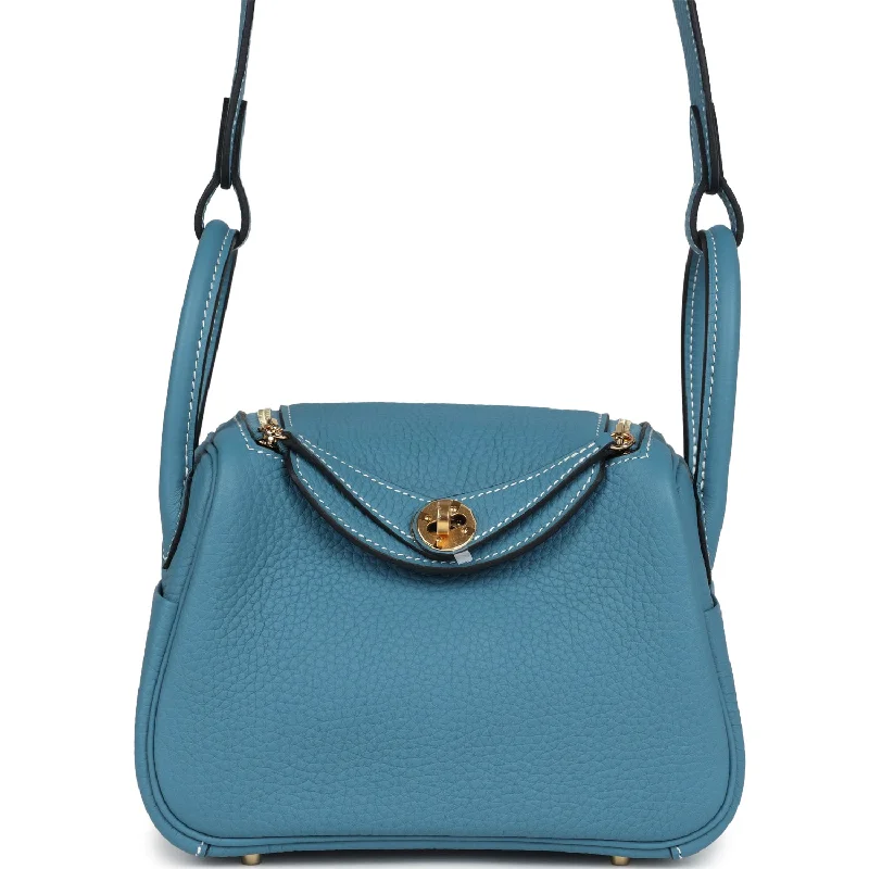 Trendy bucket bags for summerHermes Mini Lindy Blue Jean Clemence Gold Hardware