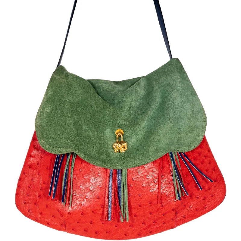 Vegan leather handbagsHermès Méharé Symbiose Rouge Vif Ostrich and Vert Olive Doblis Gold Hardware